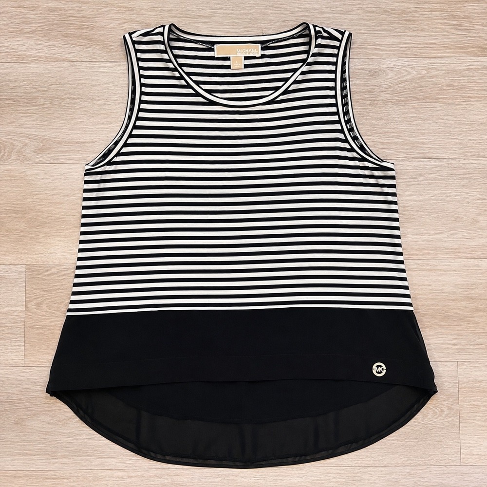 Michael Michael Kors Striped Sleeveless High Low Top Black White Large